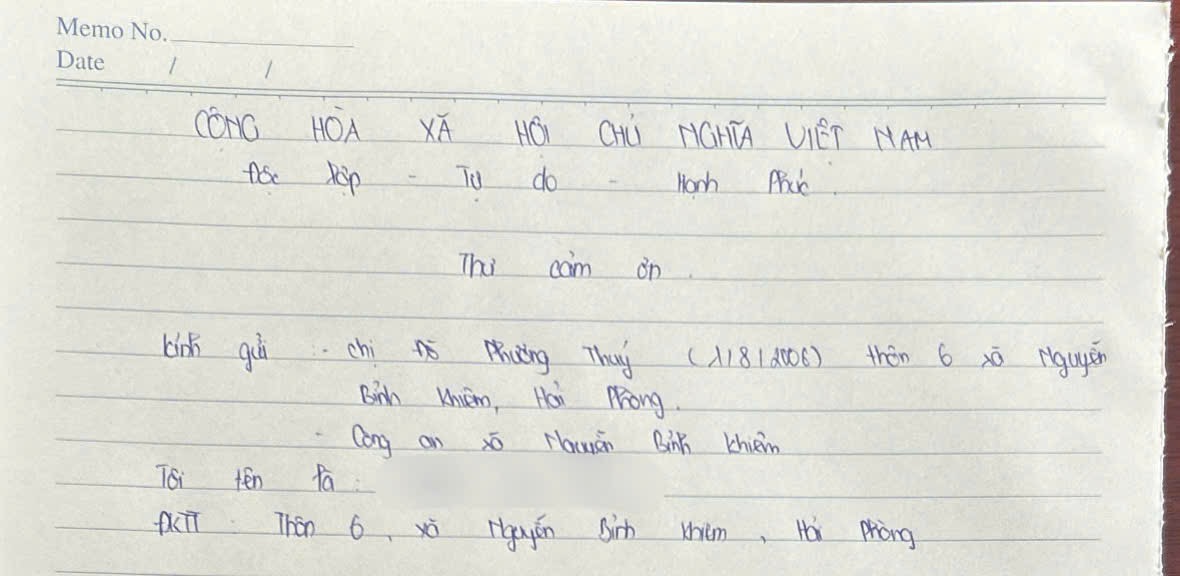 Người dân viết thư cảm ơn Công an xã Nguyễn Bỉnh Khiêm phối hợp trao trả tài sản bị đánh rơi
